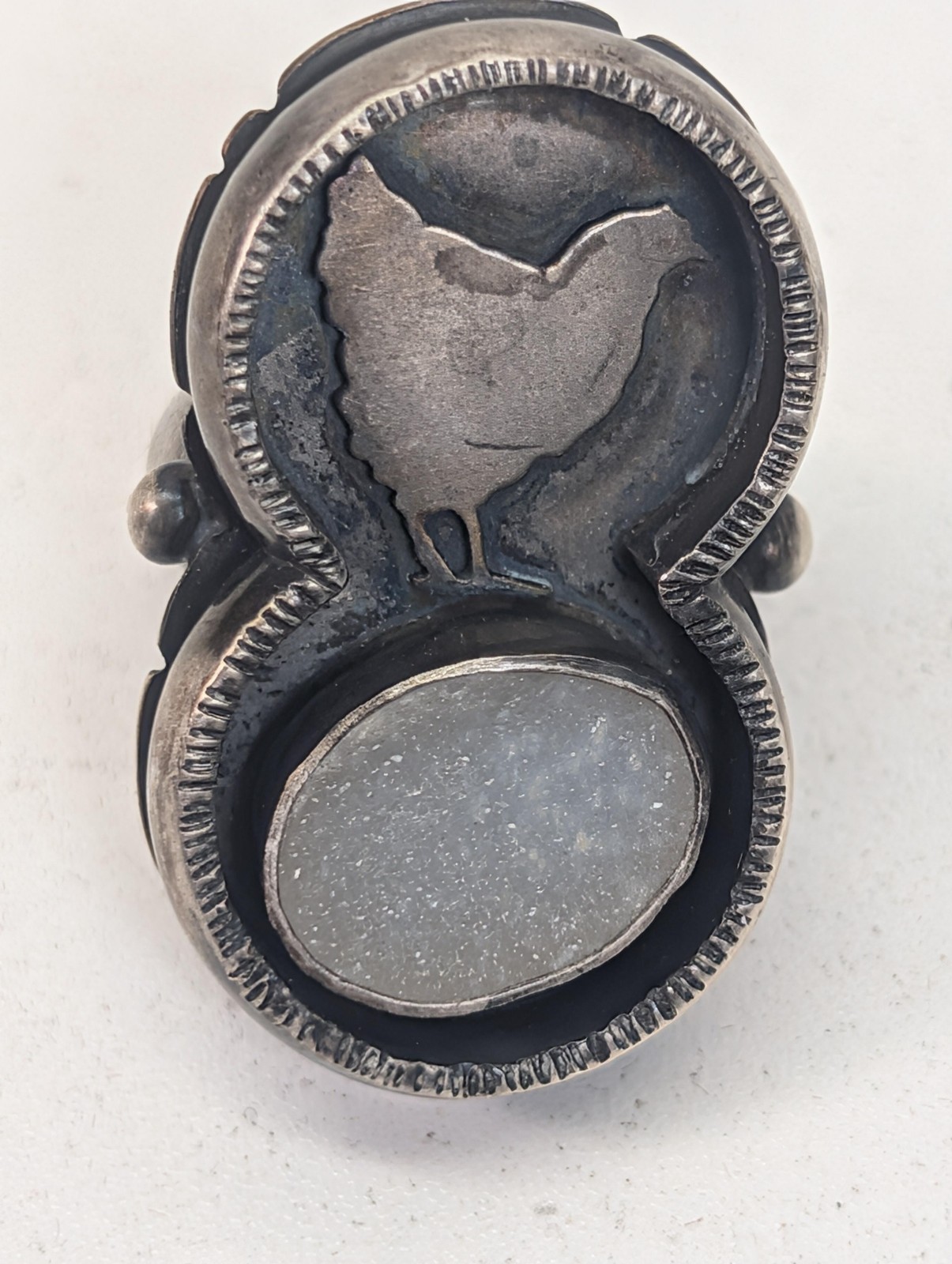 Rosy Revolver Chicken Ring Drusy Quartz Oval Silver Tone Statement Size 6.5