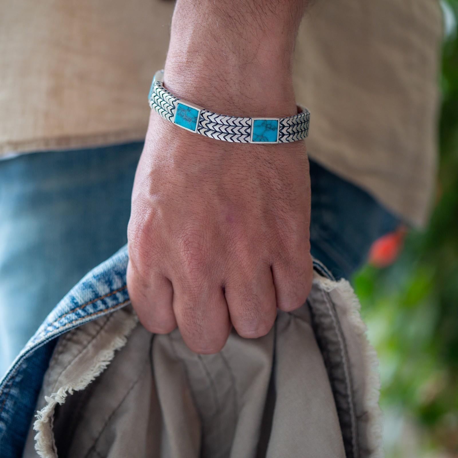 925 Men’s 925 Sterling Silver Foxtail Curb Chain Turquoise Gemstone Bracelet
