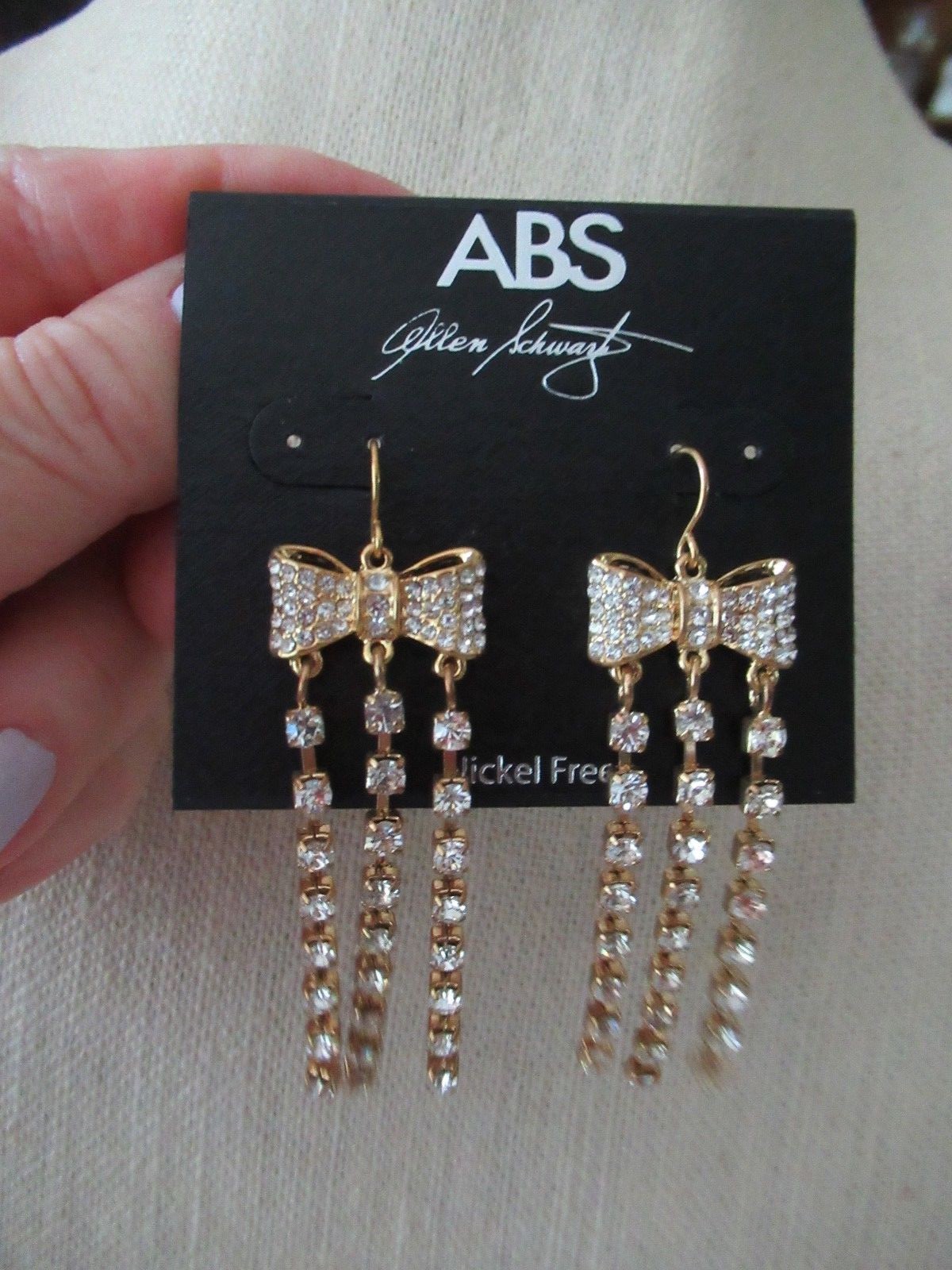 NWT ABS Gold Tone Pave Bow Tie Drop Earrings/ 3 Linear Rhinestone Strands-$55