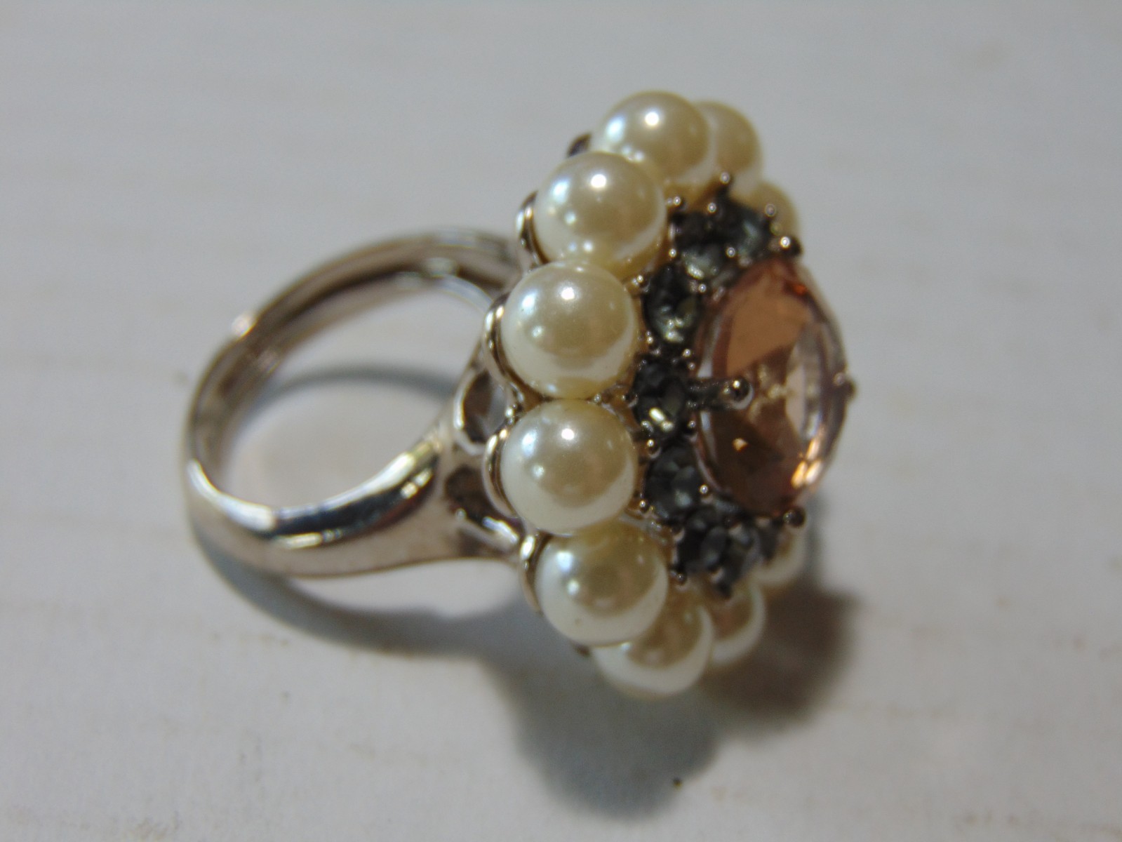 VTG NVC Faux Pearl Topaz Glass Cocktail Ring Size Adjustable FREE SHIPPING