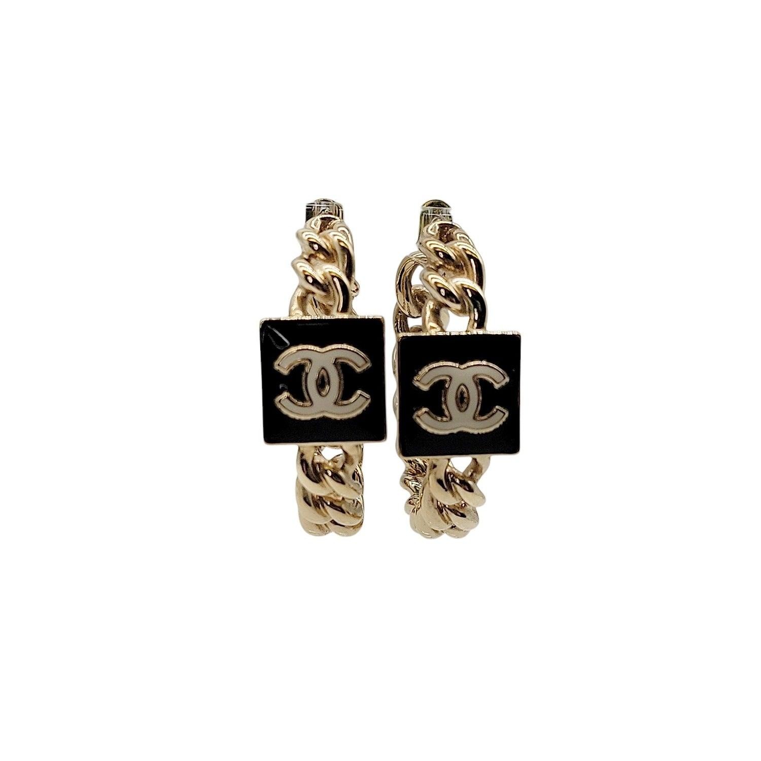 Chanel Metal Enamel CC Square Chain Hoop Earrings