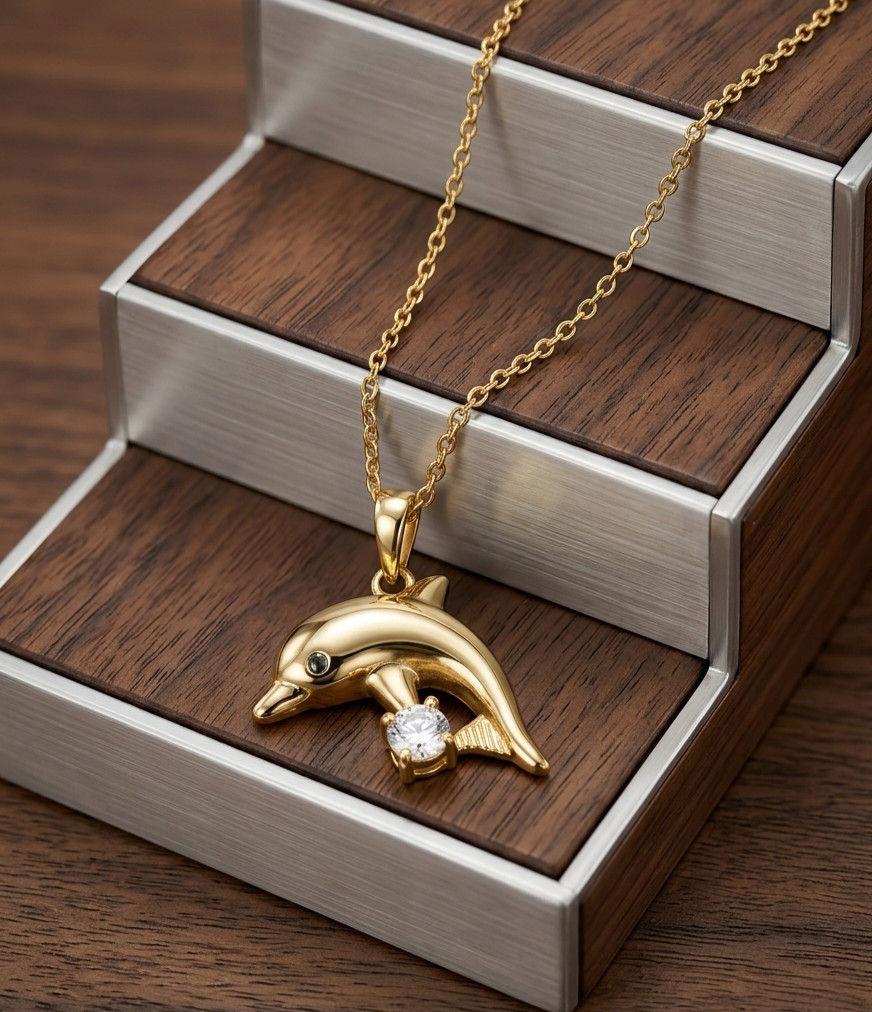 Brass Gold Color Fancy Unique Moissanite Dolphine Pendent Comes With Chain.