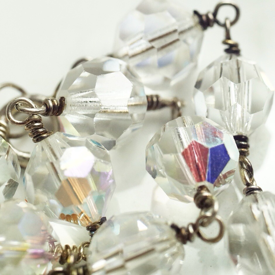 Sterling Silver Twisted Wire Clear Glass Crystal Bead Bracelet 7.36”