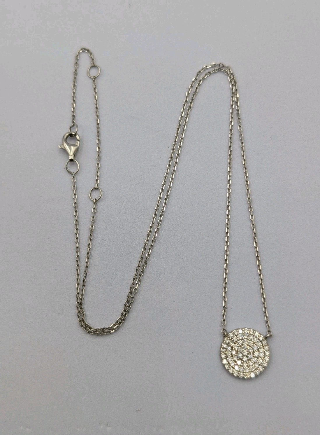 Signed Sterling Silver Pave CZ Circle Cable Chain 925 Necklace 15.75″-18.5″ Adj.