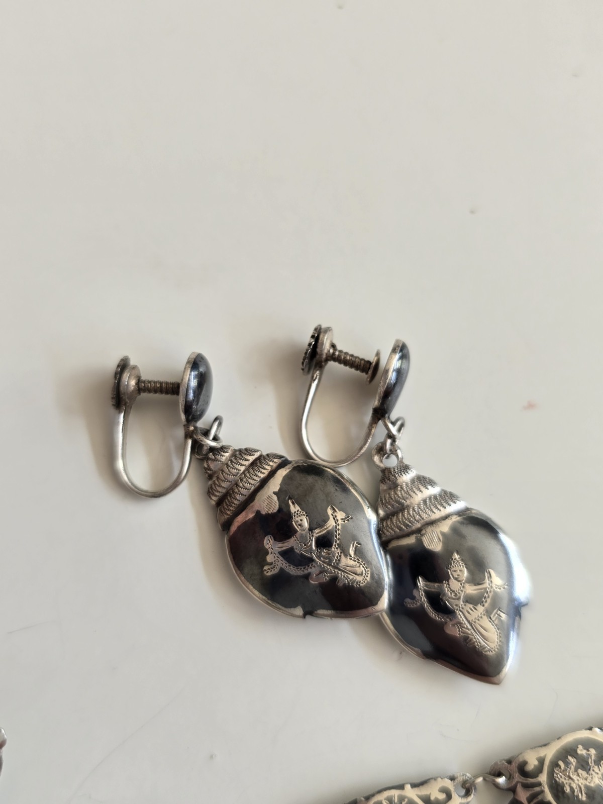 Vintage Siam Sterling Silver Niello Fan Brooch Earrings Bracelet Jewelry Set
