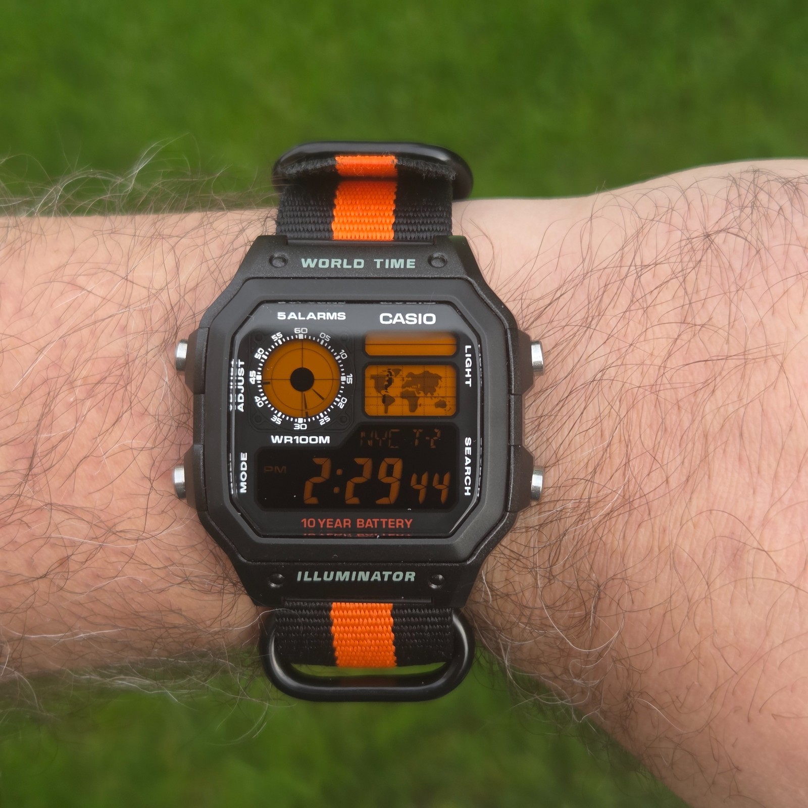 CASIO AE-1200WHD. Royale World Time Watch Mod. Orange Digits Negative. Hydromod.