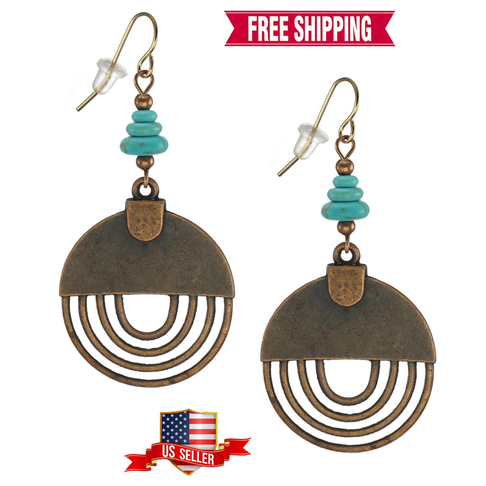 Handmade Round Antique Copper Drops with Turquoise Earrings, 18K Gold Ear Wires