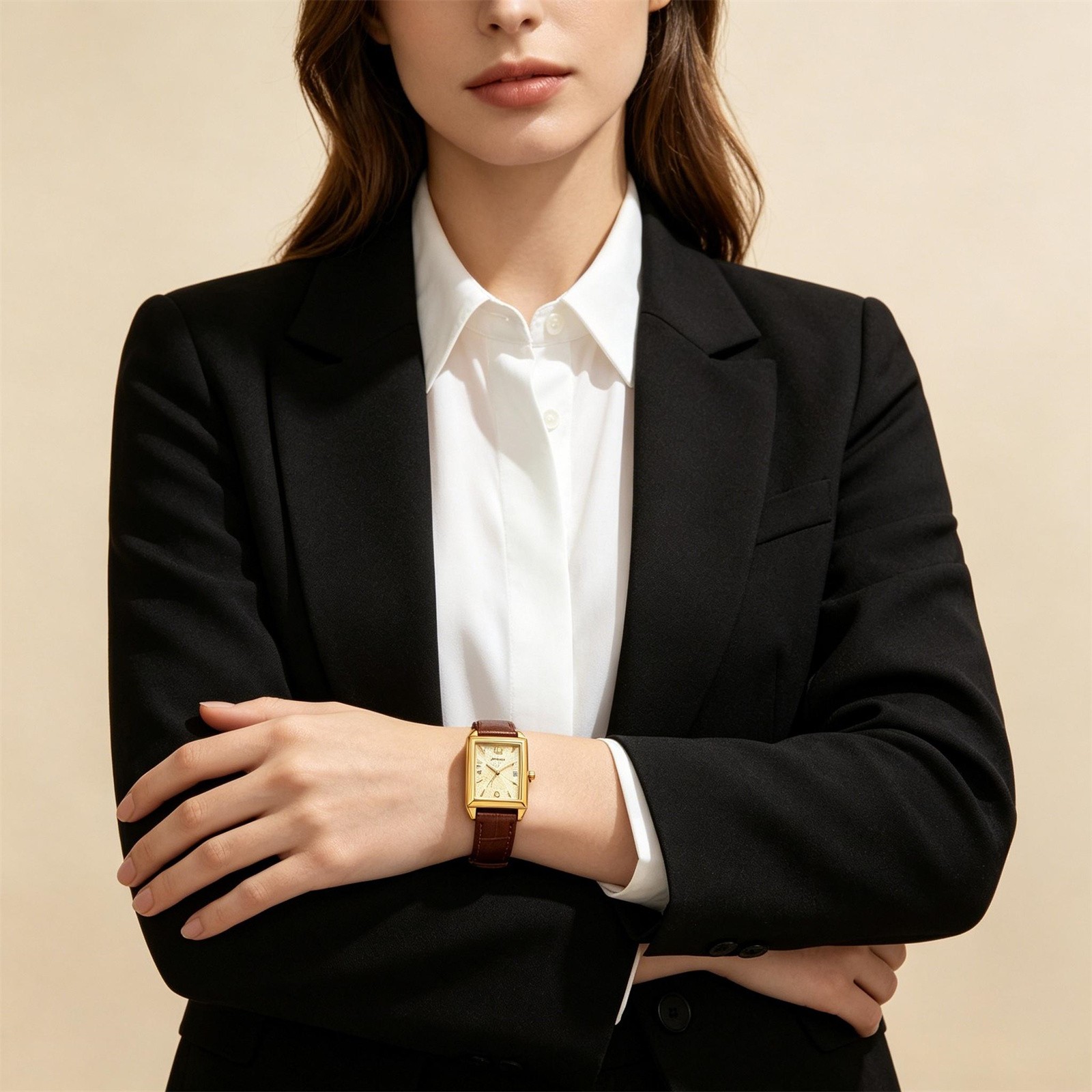 Women Business Rectangle Rhinestone PU Leather Band Wrist Watch for Daily Office