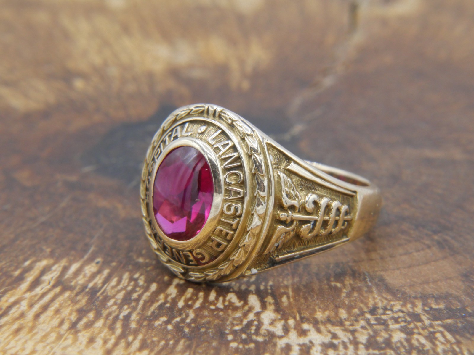 Antique 1931 10K Gold Lab Created Flame Fusion Ruby, Lancaster Hospital Ring