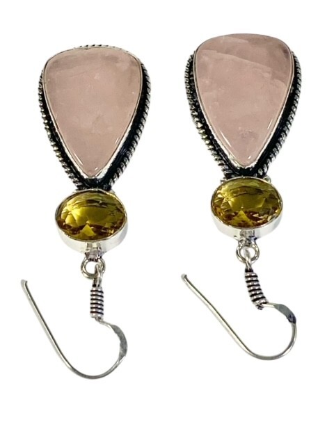 Rose Quartz & Faceted Citrine Teardrop Earrings Double Gems Handmade 12gm 2.8 in
