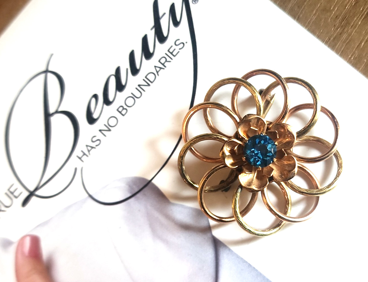 Vintage 1/20 10k Gold Filled Flower Brooch with Brilliant Blue Crystal Signed