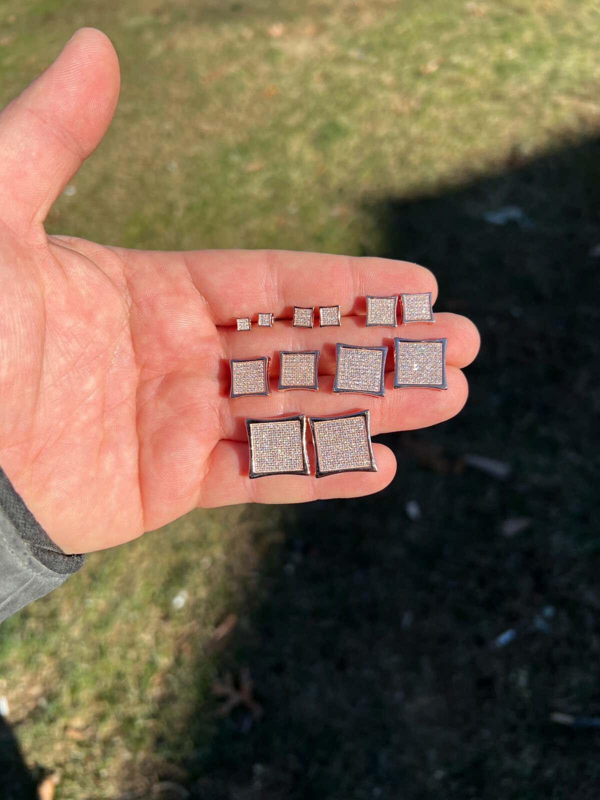 Square Kite Earrings Iced CZ Hip Hop Mens Ladies Real 14k Rose Gold Plated