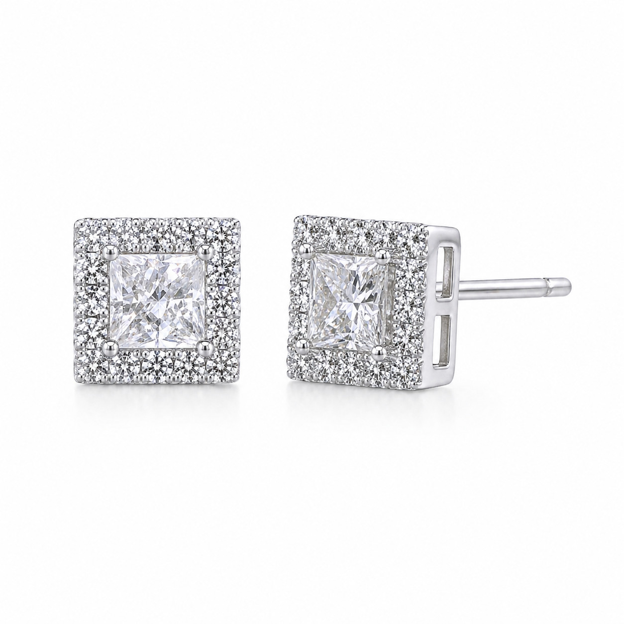 2.52 cttw Natural Diamond Princess Cut Halo Stud Earrings Solid 18K White
