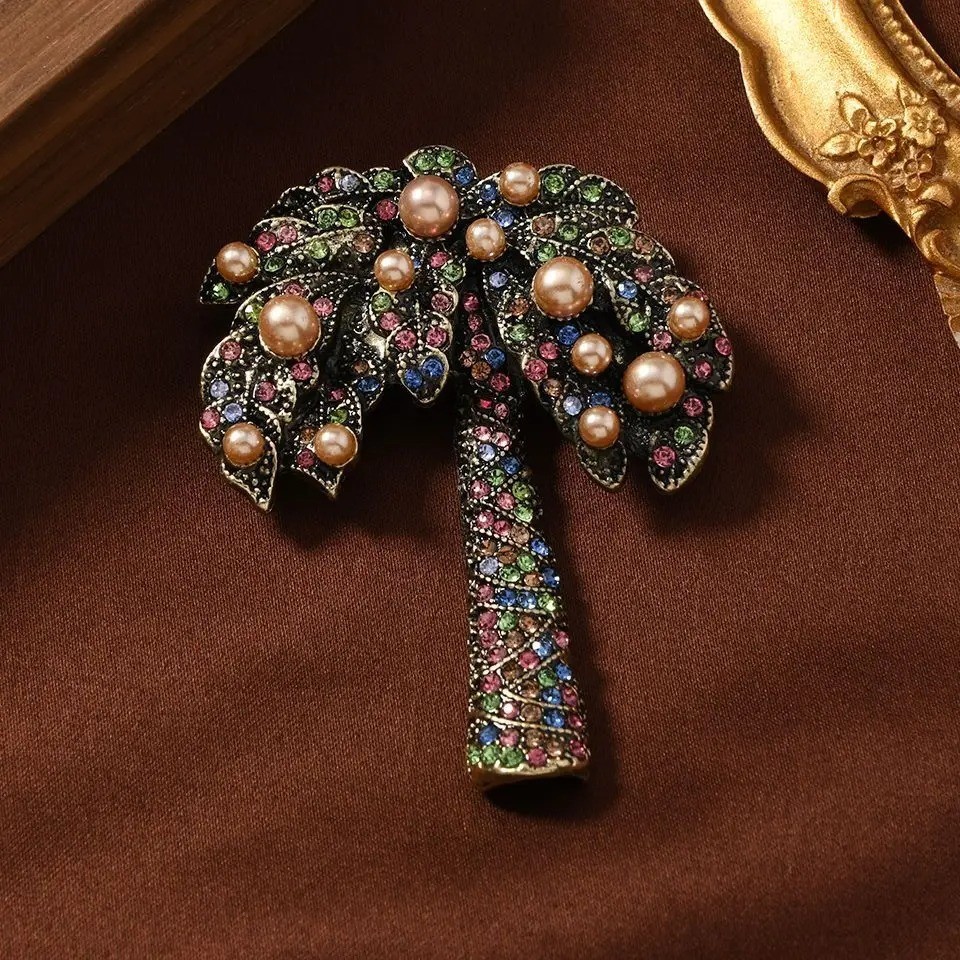 Baroque Palm Tree Brooch Crystal Rhinestone Coconut Pin Jewelry Gift Unisex