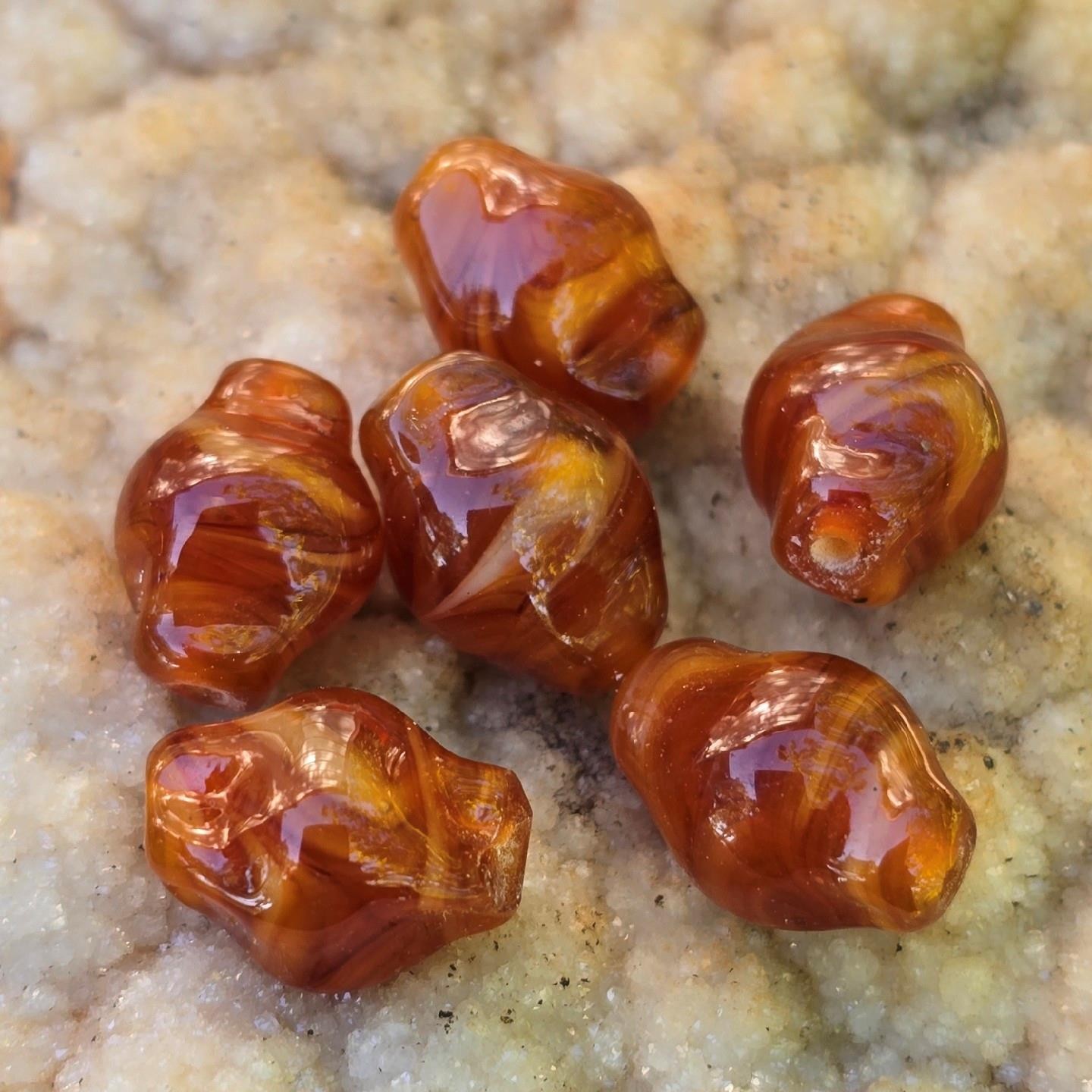 6 Vintage Handmade Lampwork Glass Beads Swirl Caramel Amber Brown Artisan