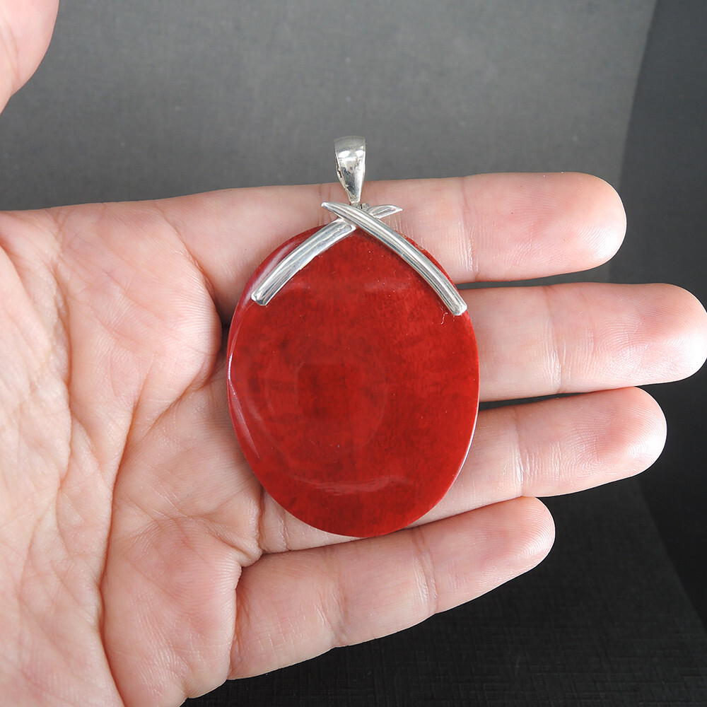 925 Sterling Silver Flat Oval Shaped Red Coral & Resin Pendant Jewelry, RCP-243