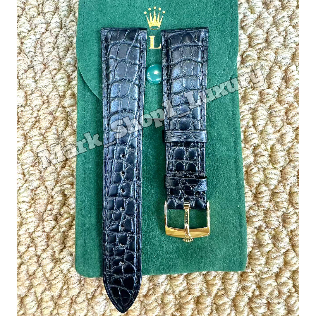 ROLEX Black Crocodile Leather Watch Strap Band 20-16mm Gold Buckle NOS Vintage
