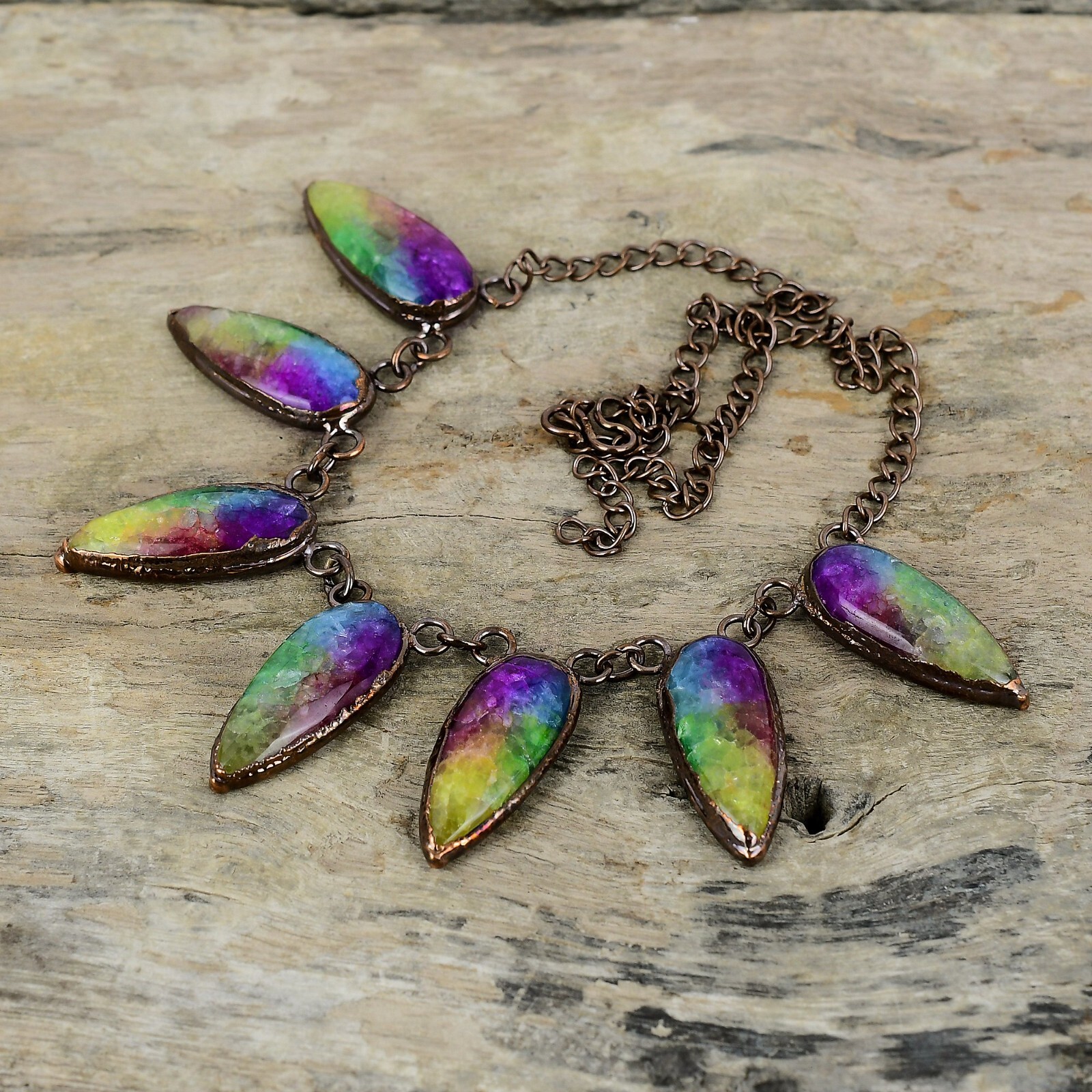 Gift Electroformed Adjustable Necklace Copper Rainbow Solar Quartz Druzy 18.0″