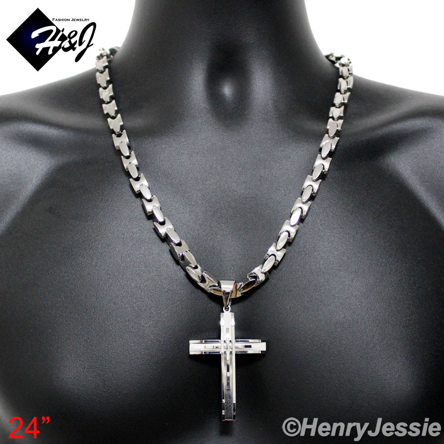 24″MEN Stainless Steel 8mm Silver Interlock Bone Chain Necklace Cross Pendant*A