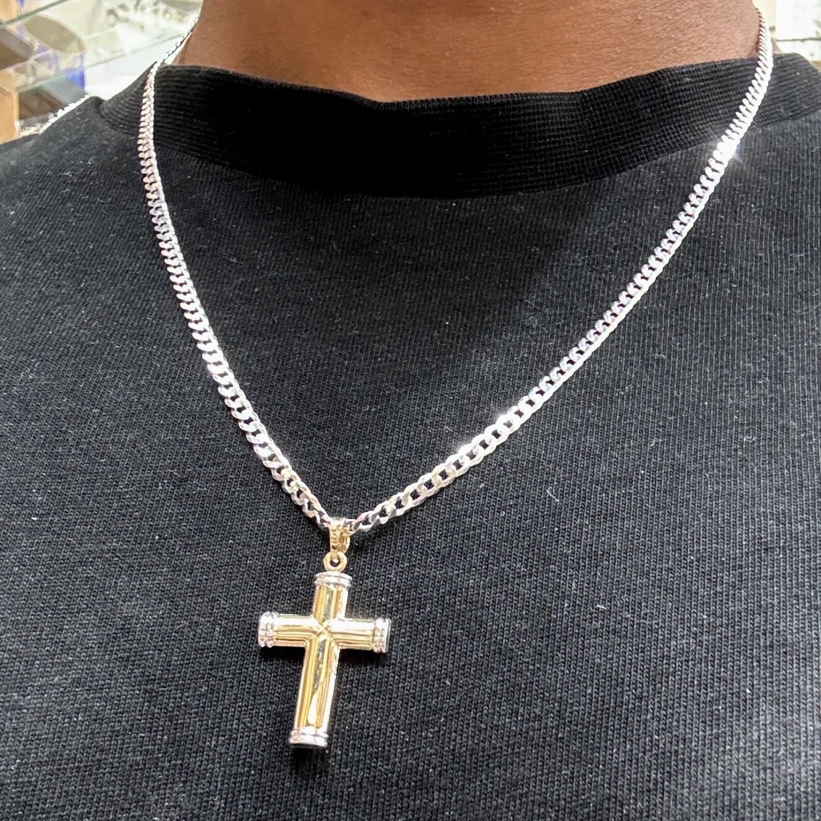 9ct Yellow and White Gold Hollow Tube Plain Cross Pendant Free Shipping