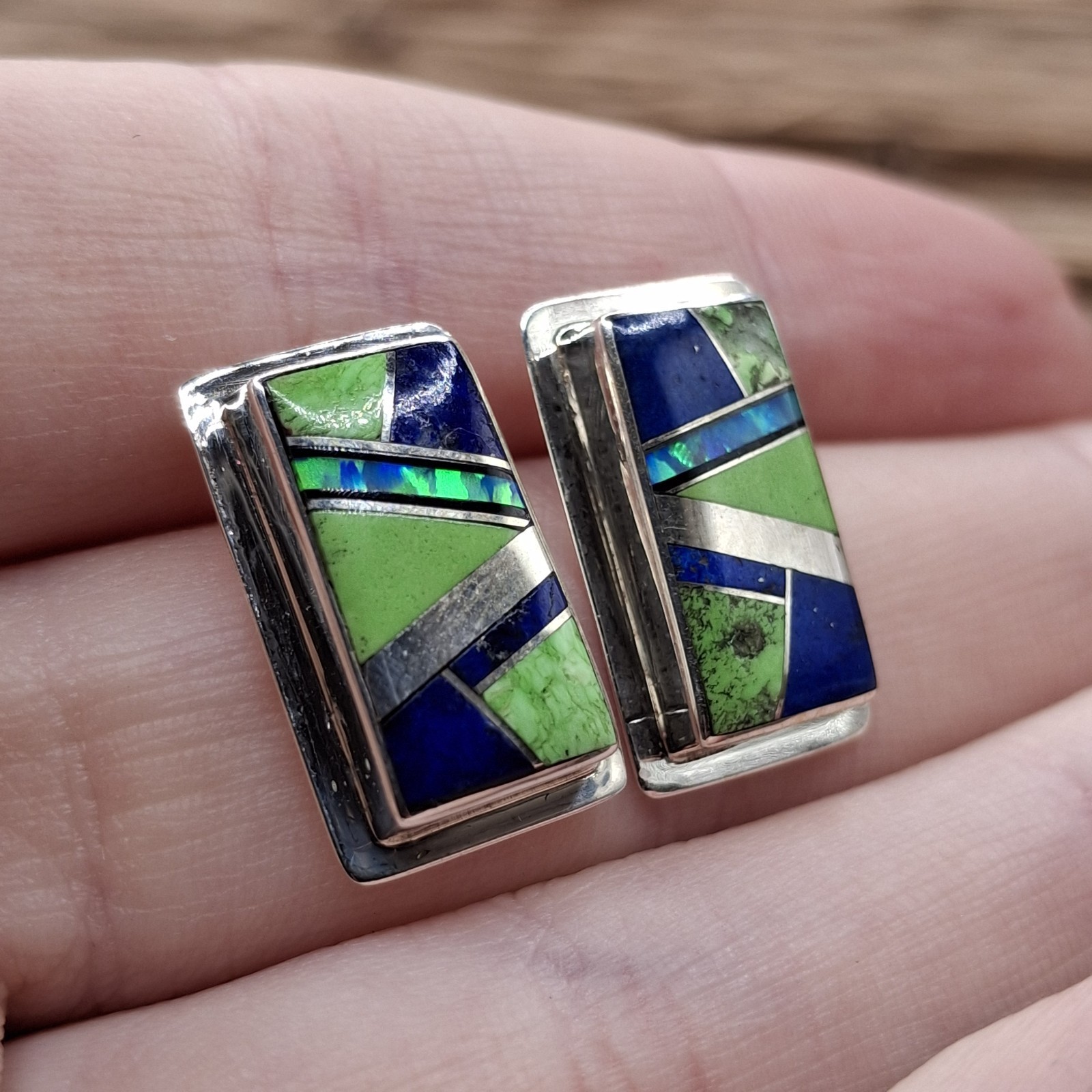 Native American Lapis Gaspeite Sterling Silver Stud Earrings Signed SF Francisco