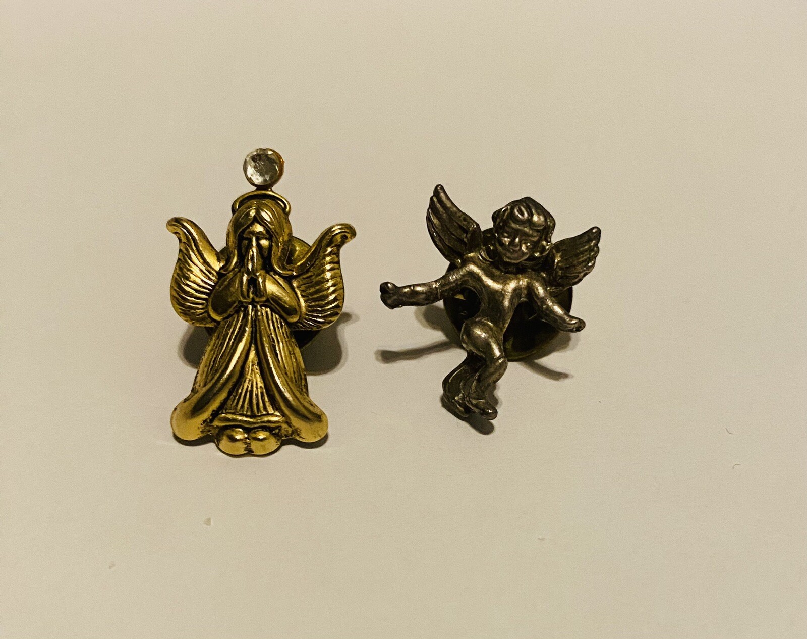 Vintage 2 Angel Gold Tone And Cherub Silver Tone Lapel Pins A705