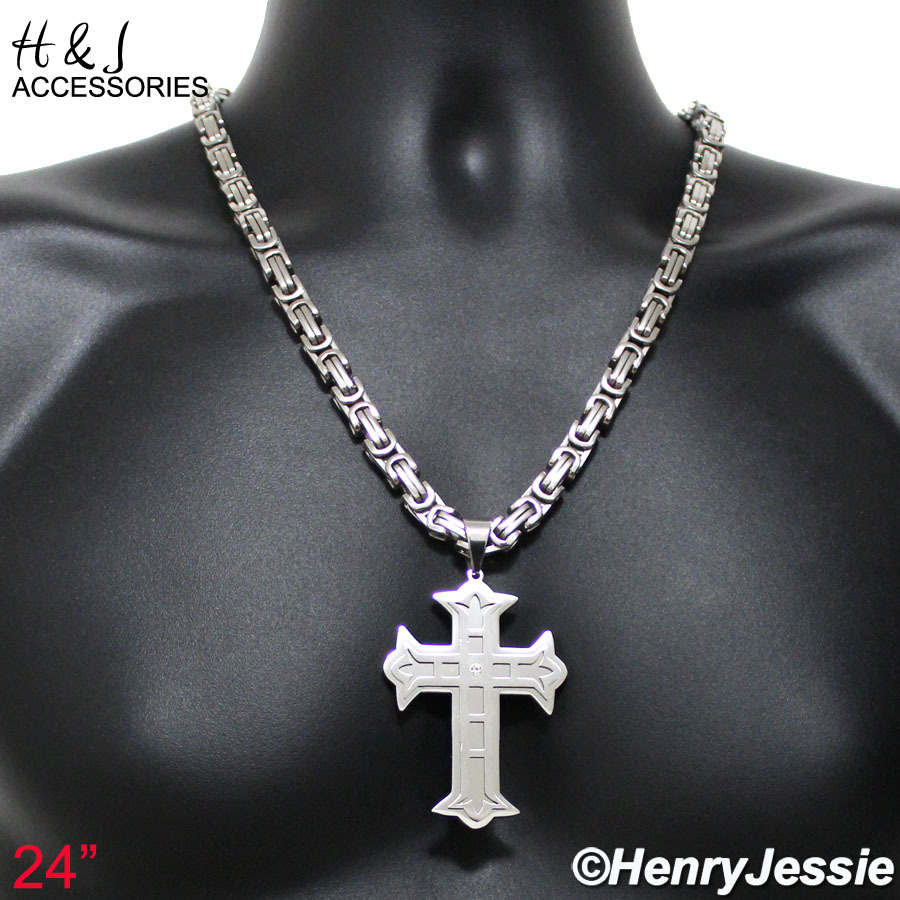 18-40″Stainless Steel HEAVY 9mm Silver Byzantine Box Chain CZ Cross Pendant*P5