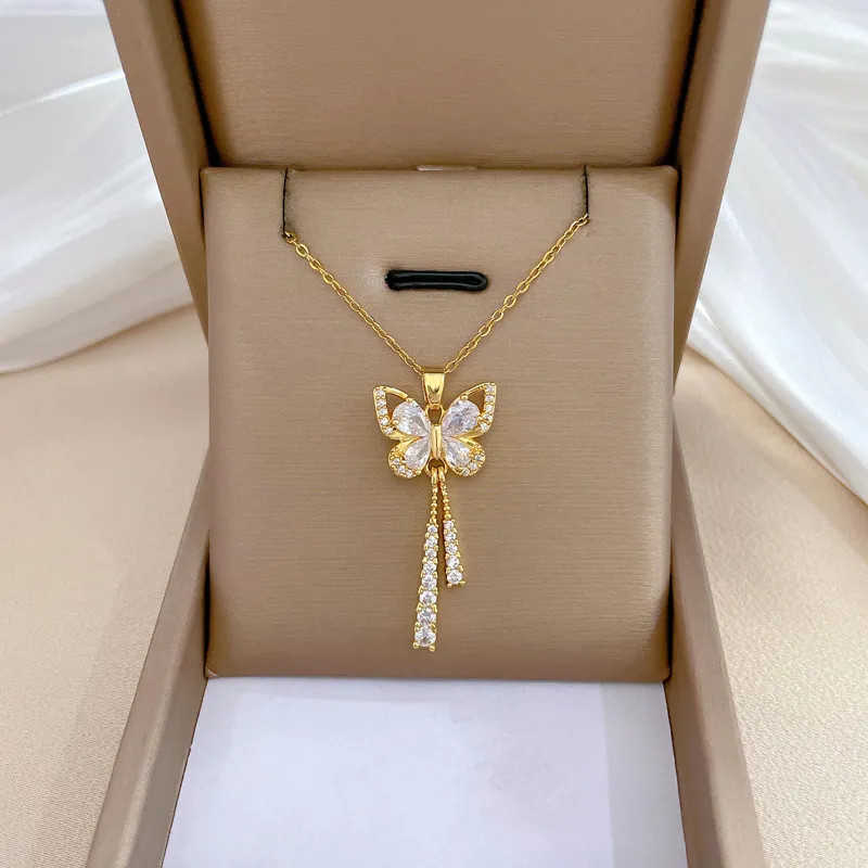 Women’s Fashion Jewelry Gold Cubic Zircon Butterfly Pendant Necklace 588