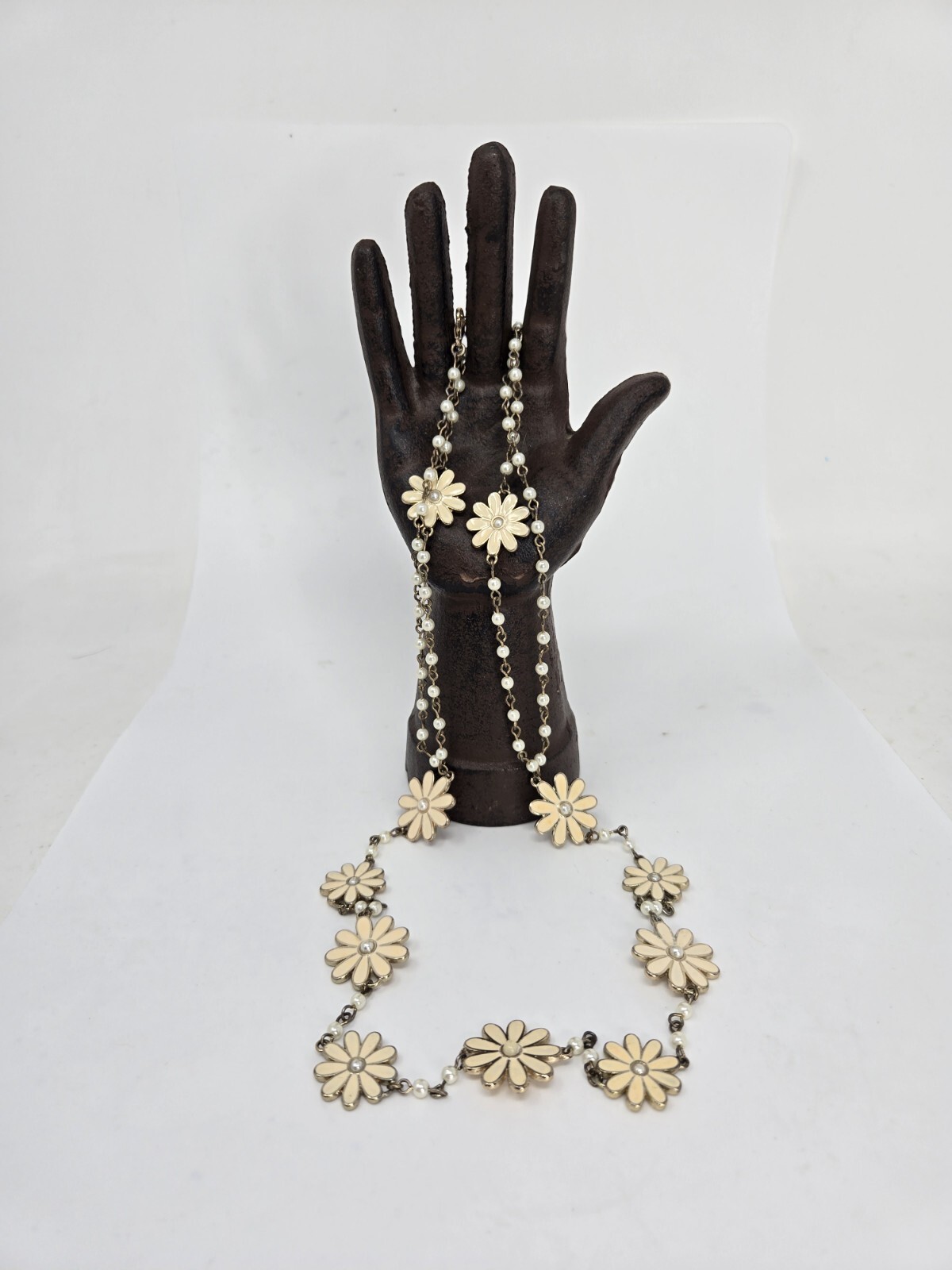 Vintage Flower Daisy Statement Necklace Metal w/Faux Pearl Yellow Gold Tone 18″