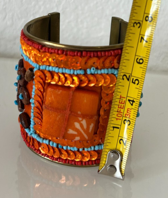 Artisan Boho Jewelry Set Orange Sequin Beaded Wide Cuff Flower Pendant Necklace