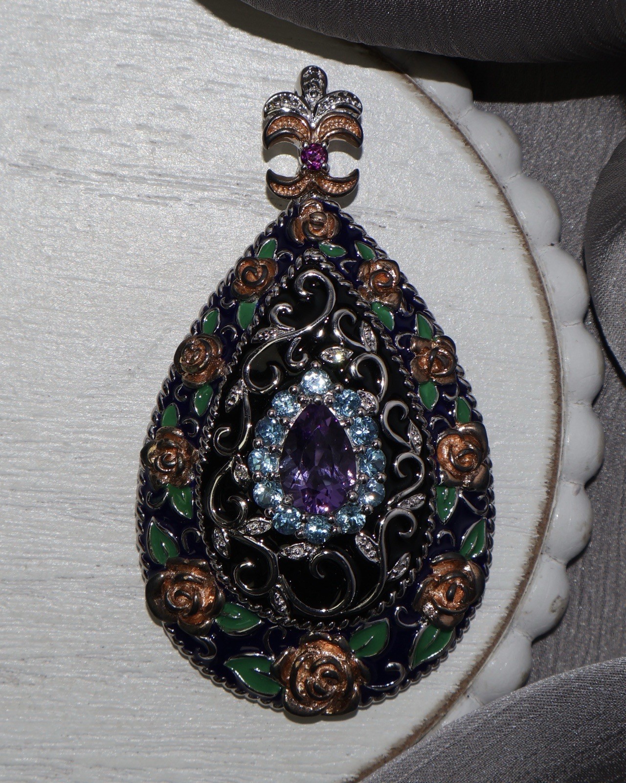 Sterling Enamel Amethyst & Blue Topaz Teardrop Pendant 28.58G / 2.8in