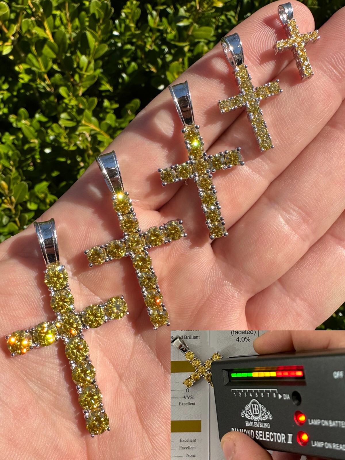 Yellow Canary MOISSANITE Real 925 Silver Cross Iced Pendant Necklace Hip Hop