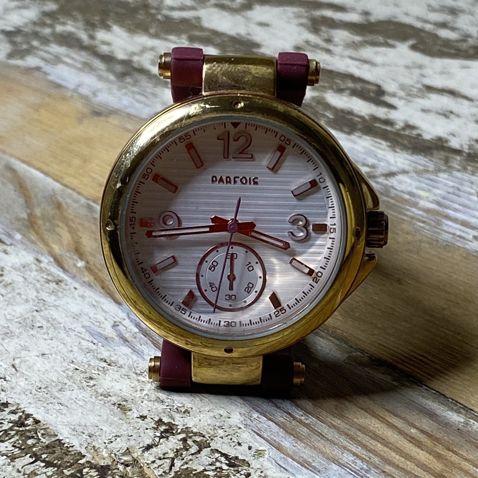 Parfois Elegant Gold Tone Ladies Watch With Center Subdial And Silicone Band