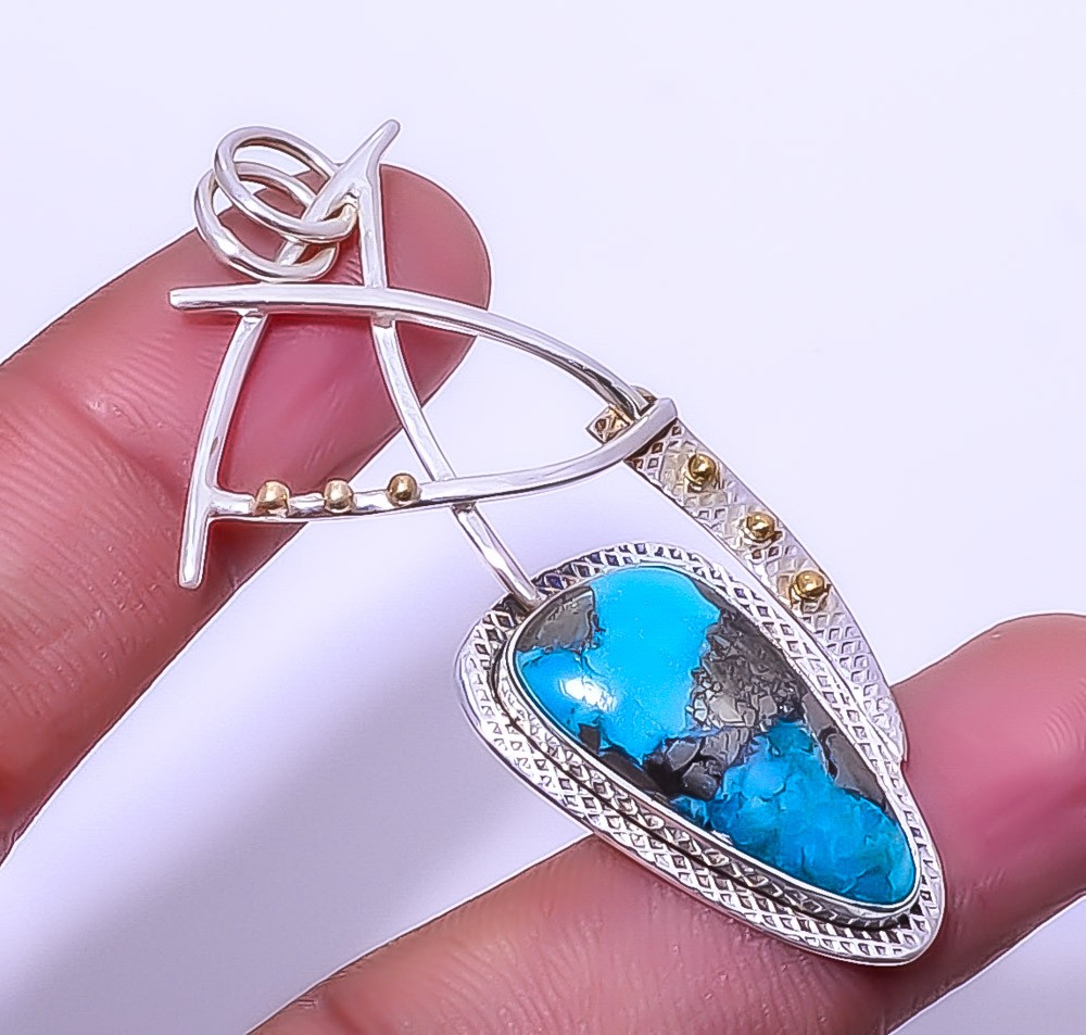 Turquoise With Pyrite – Kingman Mines 925 Silver Two Tone Pendant 2.34″ A330