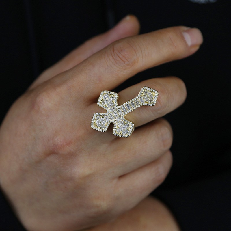18K Gold Plated Iced CZ Out Cross Ring For Men White Gold Plated Fashion Jewelry