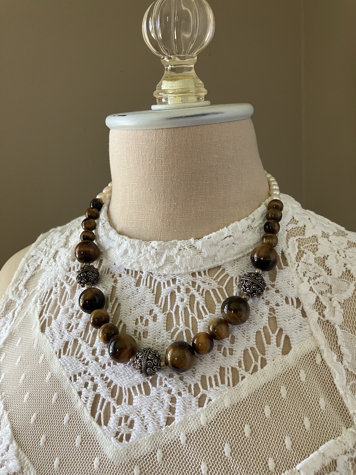 Genuine Tigers eye And Freshwater Pearl 20” Necklace Casual Work Dress