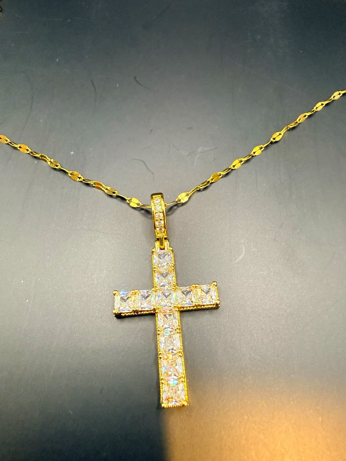 Gold Tone Rope Chain Cross Charm Pendant Necklace, Prong Set CZ, Adjustable
