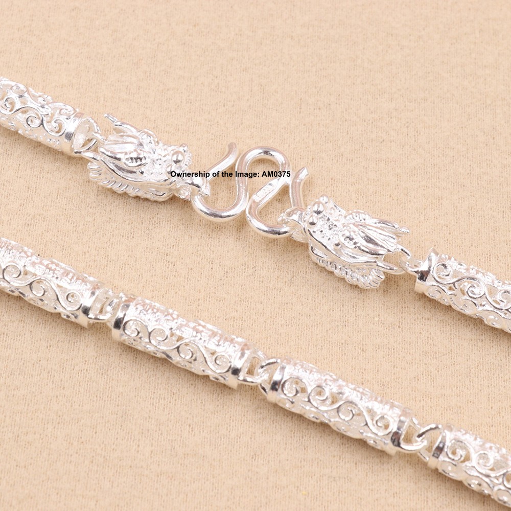 Real 999 Fine Silver Floral Tube Link Chain Necklace 6mm Width Filigree Jewelry