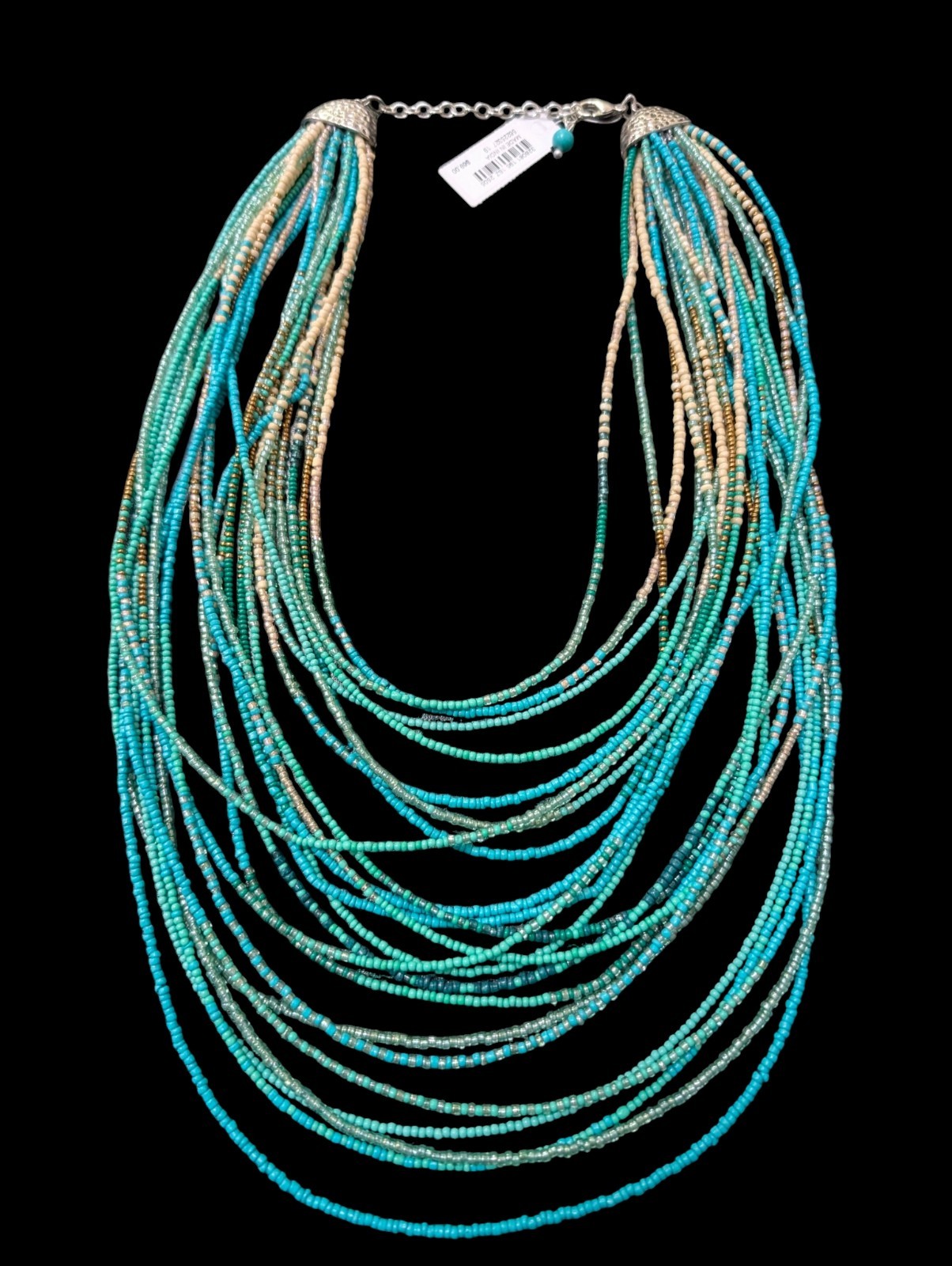 Multi Strand Turquoise Blue Glass Seed Bead Waterfall Statement Necklace NWT $69