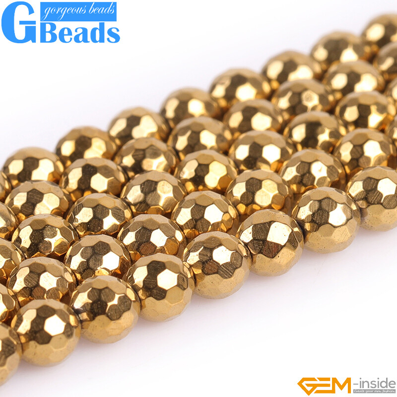 Gold Metallic Coated Reflections Hematite Faceted Round Beads 15″ Free Shipping