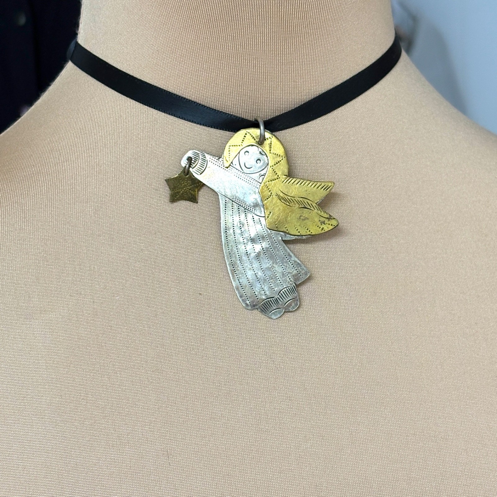 necklace angel star wings silver brass handmade vintage folk art 54″ black cord