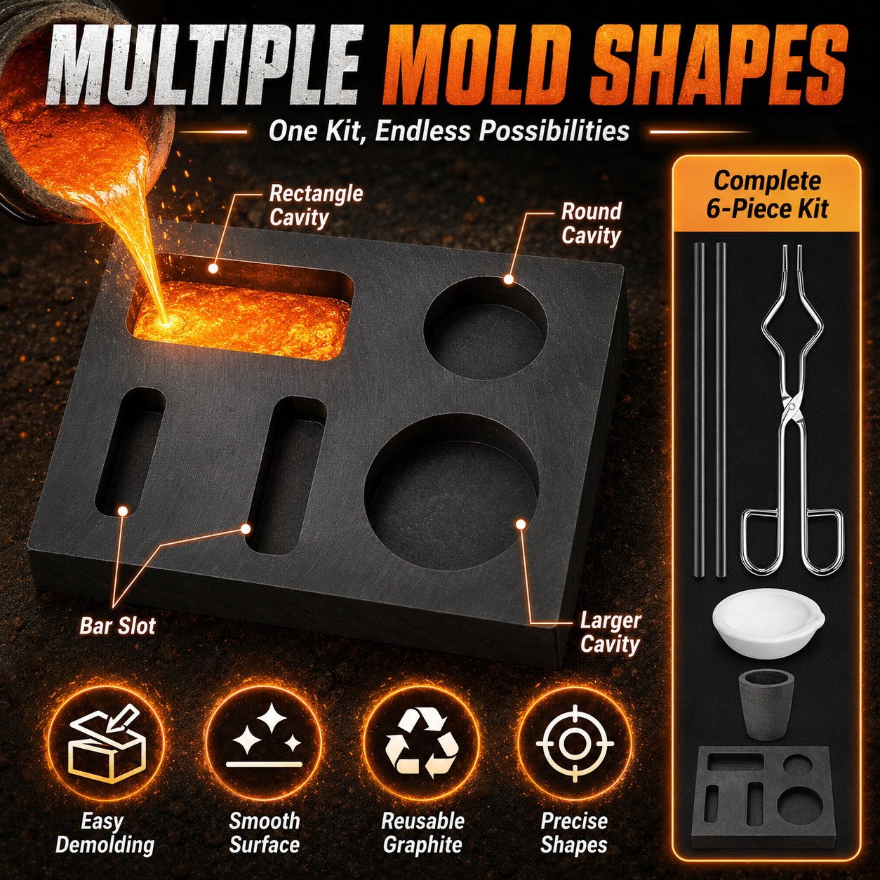 6Pack Graphite Ingot Crucible Mold Torch Melting Kit Gold Silver Copper Jewelry