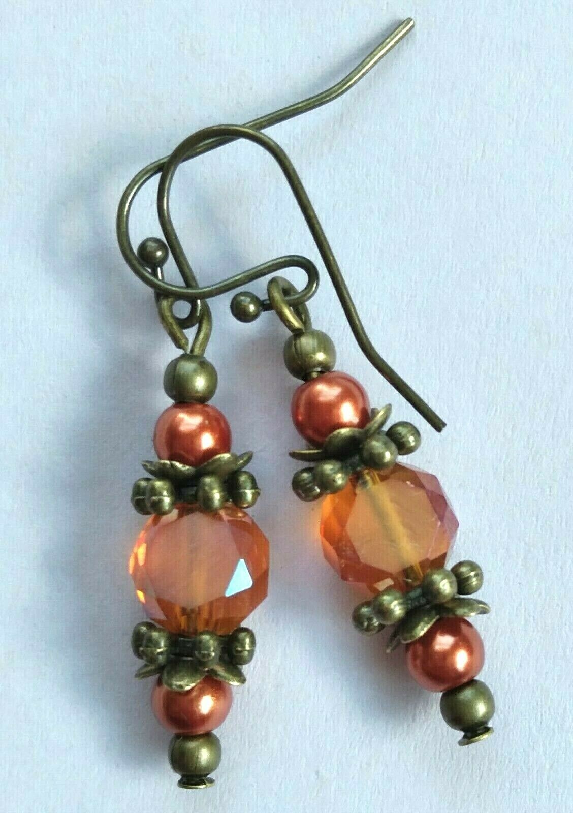 RUST Frosted CRYSTAL orange GLASS PEARL earring BRONZE French hook XX