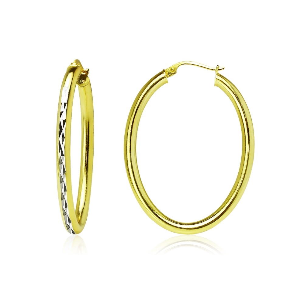 Yellow Gold Flashed 925 Silver Two Tone 3mm Oval Diamond-Cut Hoop Earrings, 30mm