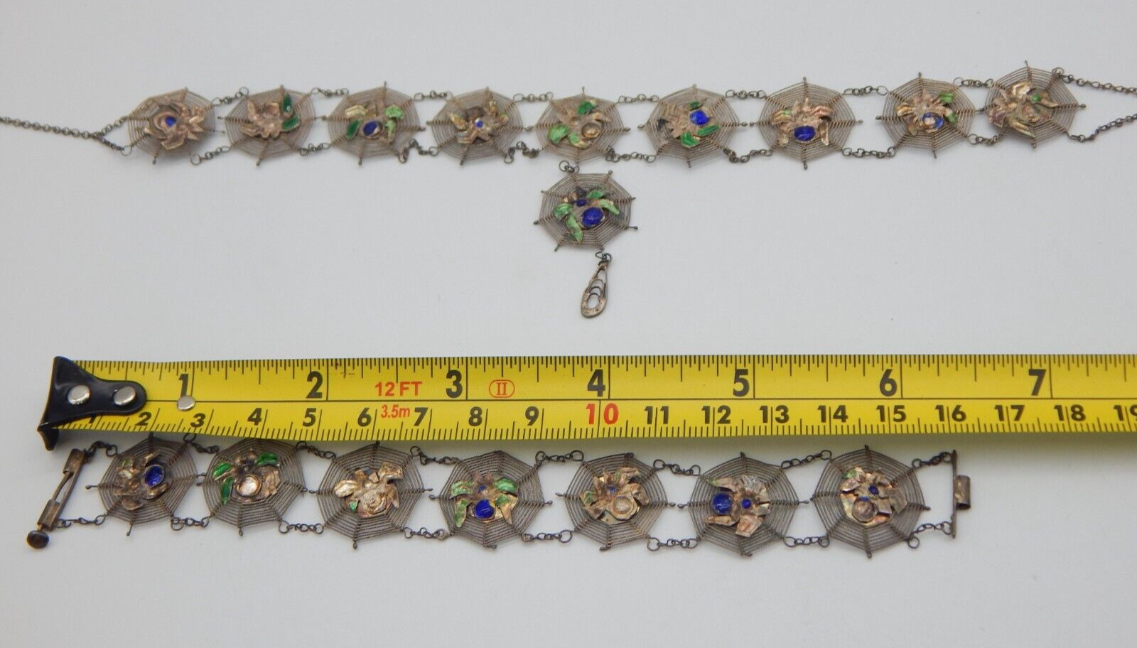 VTG 1940s Asian Silver Spiders on Spider Webs Necklace and Bracelet Set (CF110)