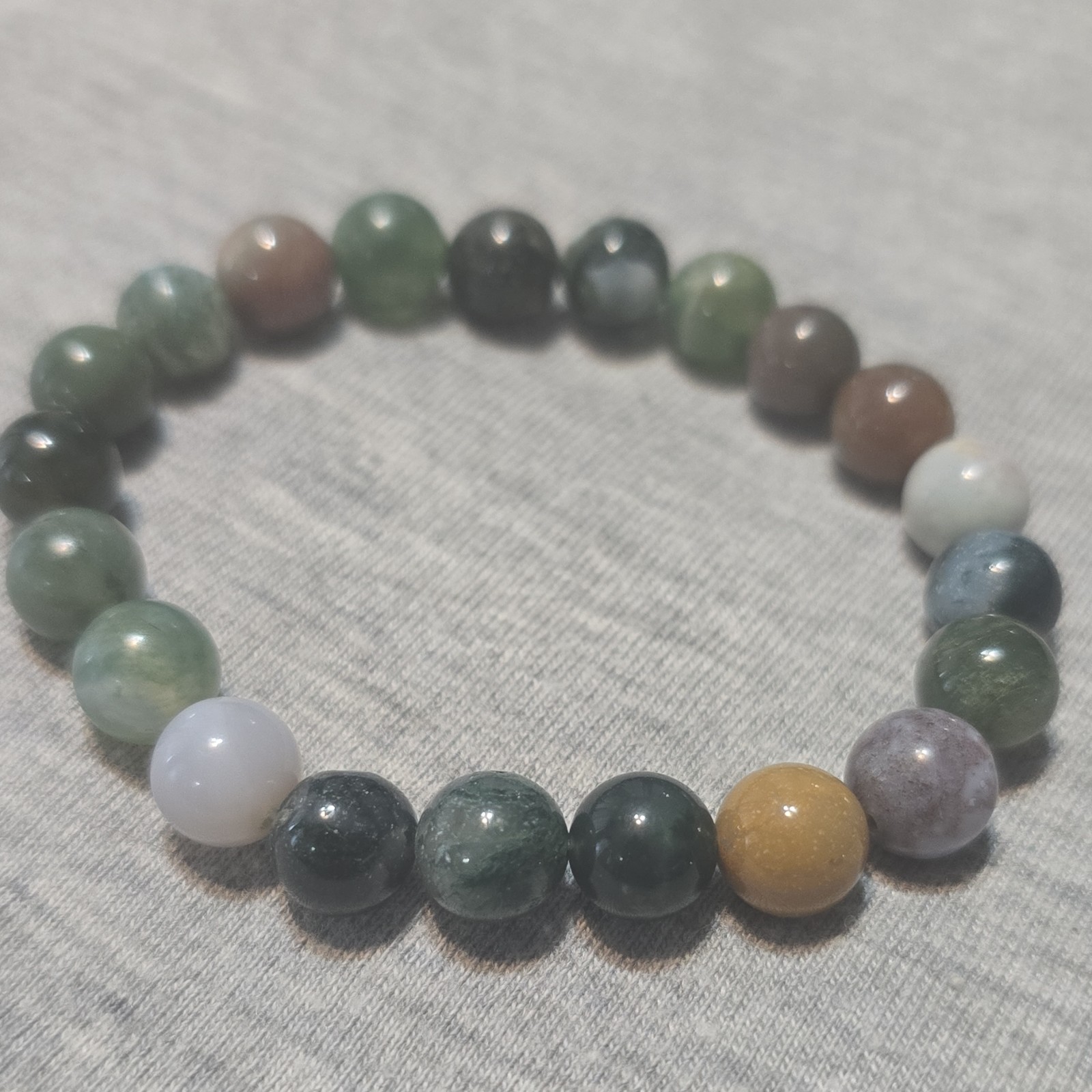 Moss Agate Beaded Stretch Bracelet, Round Beads, Stackable, No Closure