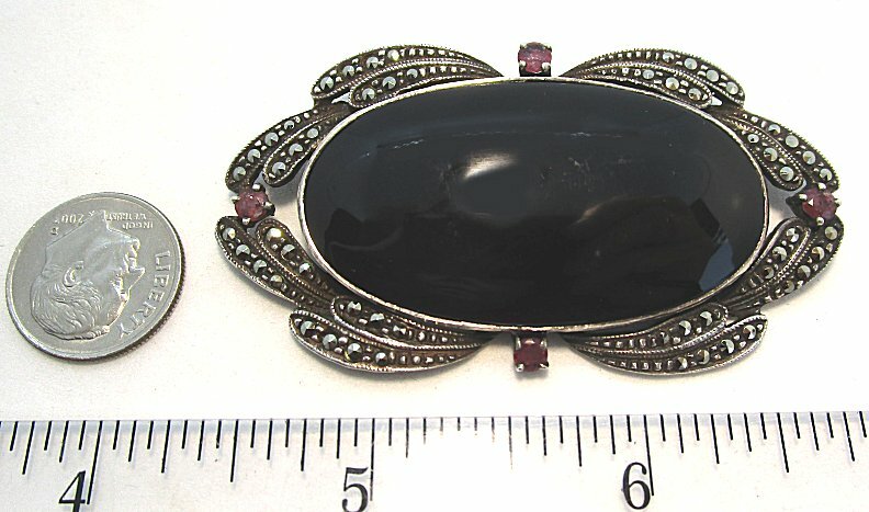Sterling Silver Pin w Onyx / Marcasite / Garnet 20.1 grams 2 1/2”