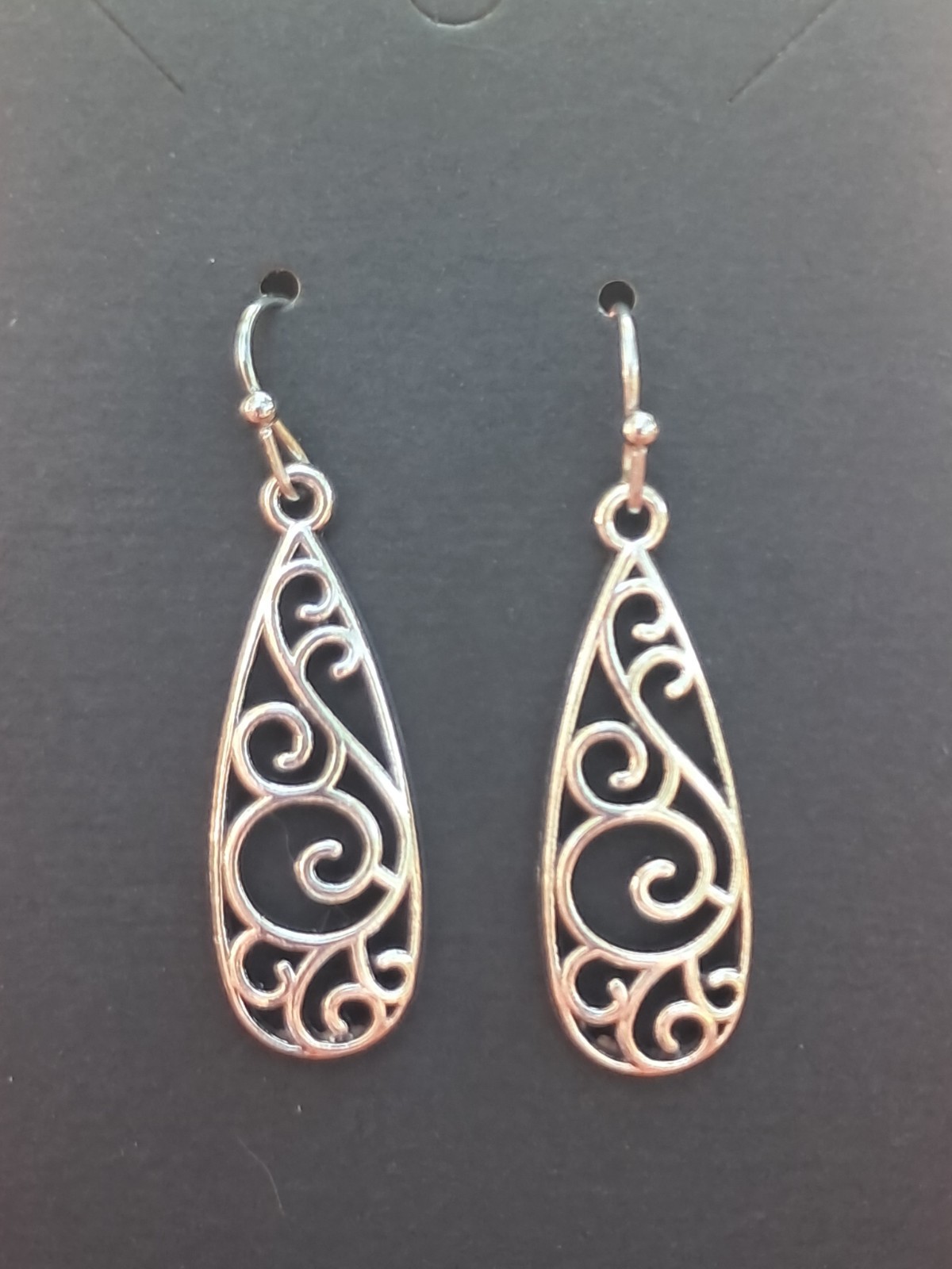 Silver Tone Teardrop Dangle Fashion Earrings Scroll Swirl Openwork Boho