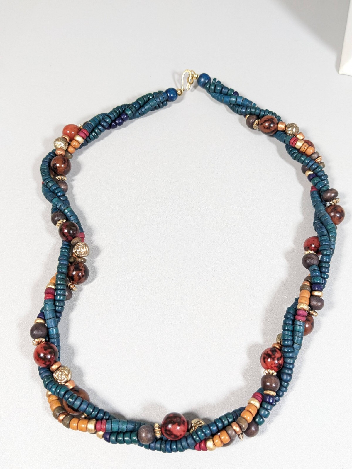 Vintage Gold Tone Green Blue Brown Wood Twist Necklace 24 inches