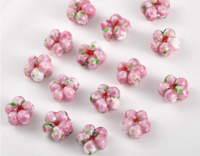 10pcs handmade Lampwork glass beads pink flower with green dot 7.5*14mm